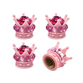 Gasedin 4 PCS Crown Tire Stem Valve Caps, Bling Rhinestone Crown Tire Copper Core Stem Valve Caps, Sparkling Crown Air Stem Caps Cover for Auto Bicycle Motorcycle, Car Accessories (Pink)