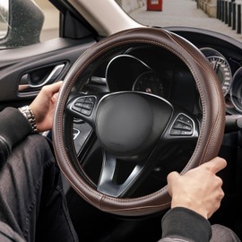 PJBTYZ High-Grade Brown Genuine Leather Steering Wheel Cover for Men Women，Real Cowhide Leather Steering Wheel Cover for Cars,Universal 14.5-15 inch Steering Wheels