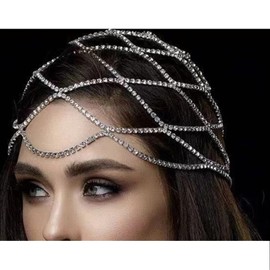 aoozleny Rhinestone Mesh Headpiece Cap Silver Roaring 20s Crystal Flapper Head Chain for Women Girls, Head Jewelry Art Deco Bridal Party Hair Accessories