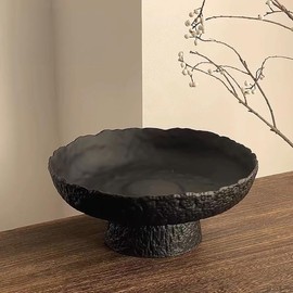 Fruit Bowl for kitchen decor Counter, 10.4‘’Large Decorative Bowl, Modern Display key bowls, High Foot Serving Blows with Irregular Edge Design, High-Temperature Fired Thickened Glass Bowl, Black