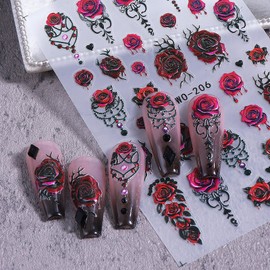 Halloween Nail Art Stickers Goth Rose Flower Nail Decals with Glitter Ghost Pumpkin Designs Nail Stickers Colorful Spider Holiday Nail Art DIY Decor Supplies for Women 4 Sheets