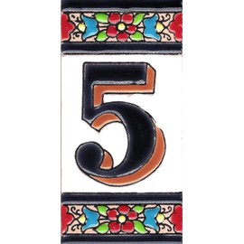 TORO DEL ORO House Numbers - Numbers & Letters on Enamel Ceramic Tile - Hand Painted Technical Dry Rope - Names & Address - Medium Flower Design 5.5 x 10.5 cm (Number Five"5")