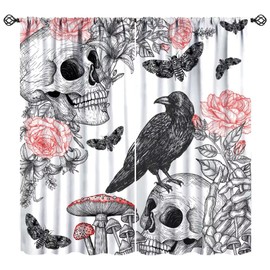 JanJCurt - Cortinas de cuervo de calavera retro, para ventana de cuervo de Halloween, diseño gótico, esqueleto, bosquejo, polilla negra, estampado de hongos, tratamientos de ventana para habitación de
