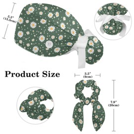Scrub Hats Women, Surgical Caps for Women with Ponytail Pouch and Buttons, Bouffant Scrub Caps with Bow Scrunchie for Long Hair, White Daisy Floral on Green