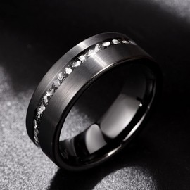 Vakki 8mm Men's Wedding Band Black Brushed Finish Tungsten Rings Inlaid with Gibeon Meteorite Fragments Couple Rings Size 9