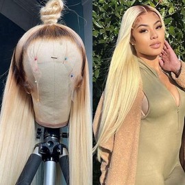 YOKADA HAIR Ombre Brown 613 Blonde Wig Human Hair HD Transparent Lace 13x6 Lace Front Wigs Straight Style for 180% Density (#4#613 ST, 16inch)