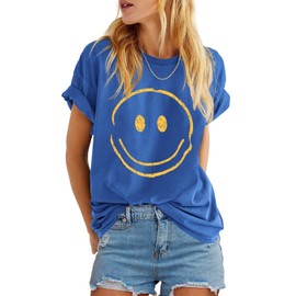 ReachMe Womens Summer Cute Smile Face T-Shirts Casual Loose Short Sleeve Happy Face Shirts Trendy Vintage Graphic Tops(Royal Blue,S)