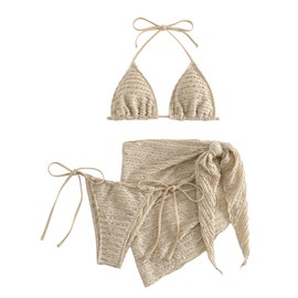 GORGLITTER - Traje de baño de 3 piezas para mujer con falda de playa, Caqui, M