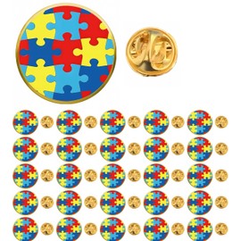 25/50/100pcs Round metal Autism awareness pin Autism pin lapel pins Multicolor autism puzzle brooch pin Autism awareness badge for clothes backpacks hats bulk (25)