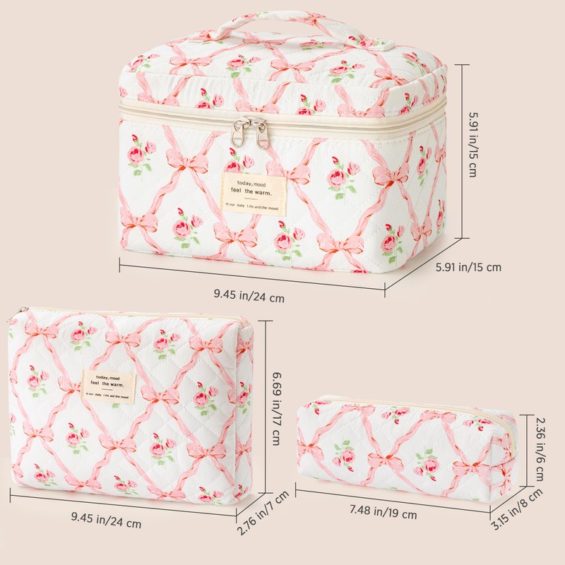 HBselect 3 PCS Quilted Makeup Bag, Cotton Large Travel Makeup