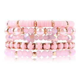 MAKERSLAND Pink Bracelet Boho Multi-Layer Beaded Crystal Bracelets Clay Beaded Crystal Pink Bracelet Set, 5Pcs Strand Stretch Pink Bracelet Friendship Jewelry for Women