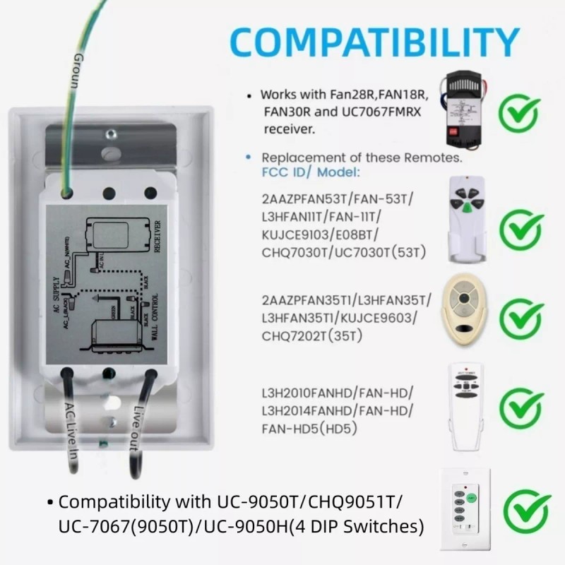 53T Ceiling Fan Wall Remote Control 4DIP Switch for Harbor