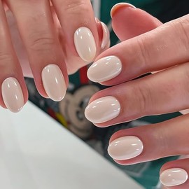 32 uñas postizas cortas almendradas color beige y blanco, uñas postizas ovaladas brillantes, uñas acrílicas de color sólido, uñas postizas de cobertur