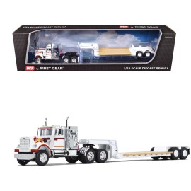 DCD Western Star 4900 1/64 Diecast Vintage Flat Top Sleeper with 36\" Lowboy Trailer White with Graphics for Collectors