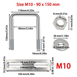 duoyif U-Screws M10 90 mm x 150 mm U-Screw Square Stainless Steel with Nut Frame Plate Washer U Bolt M10 for Pipe Attachment Car Ships Towing 1 Piece (M10 90 x 150 mm)