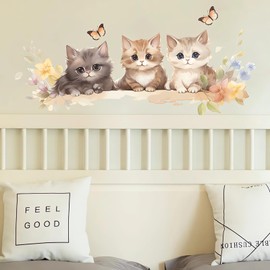 Cozy Kittens Wall Stickers, sacinora Cute Cartoon Cat Butterfly Art Wall Decals Removable Vinyl Peel and Stick for Baby Boy Girl Nursery Living Room Bedroom Toddler Room Kindergarten Home Decorations