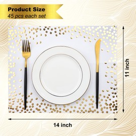 45 manteles individuales de papel de aluminio dorado con puntos blancos y dorados, manteles individuales desechables de papel decorativos, manteles rectangulares para cumpleaños, bodas, baby shower,