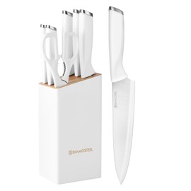 Diamosteel White Knife Set with Block, 7 Pieces Sharp Knife Block Set with Stainless Steel Blade and Ergonomic Handle, Chef, Slicing, Bread, Utility, Paring Knife, Kitchen Scissors and Wooden Block