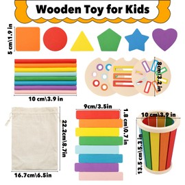 Tikplus Montessori Toy, 3-in-1 Wooden Colour Shape Sorting Toy, Children's Wooden Toy Sorting Game, Sensory Plug-in Game from 1 Year, Wooden Sorting & Stacking Toy, for Girls and Boys