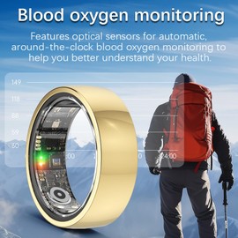 UXOXU Smart Ring for Men Women, Waterproof Fitness Tracker Sleep Heart Rate Monitor Health Ring, No Subscription, Compatible with Android & iOS (Gold, 8)
