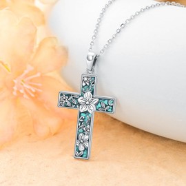 LEECCI Turquoise Cross Necklace for Women 925 Sterling Silver Violet Flower Cross Pendant Turquoise Jewelry Gifts for Women Mother Grandma Her Wife