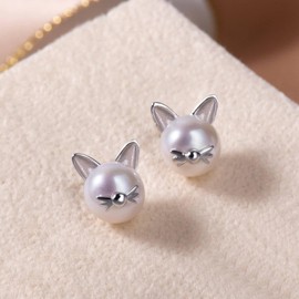 S.Leaf Cat Earrings Pearl Earrings Sterling Silver Earrings for Women Cat Memorial Gifts Cat Gifts for Cat Lovers Cat Jewelry for Women (K_Cat_Whiskers_Silver)
