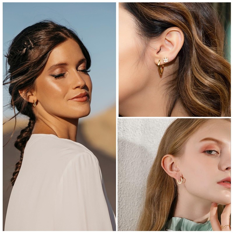 ALEXCRAFT Eckige Creolen Gold Ohrringe Set Klein Damen 14K Huggie