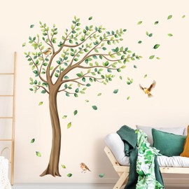 Tanlaby Large Tree Wall Sticker Green Leaves Birds Wall Stickers Peel and Stick Falling Leaves Art Wall Decoration for Children Girls Children's Room Bedroom Living Room