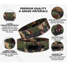 Lever Weight Lifting Leather Belt - 10mm Powerlifting Lever Belt for Men & Women - Lower Back Support Weightlifting Belt for Powerlifting, Deadlifts, Squats (L, Camo)