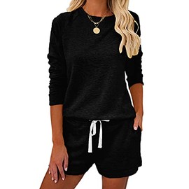Metietila Women’s Black Pajamas Set Long Sleeve PJ Sets Cotton Pullover and Shorts Lounge Sets Loungewear for Women L