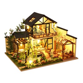 OZJAY DIY Miniature House Kit, Tiny House Kit with LED, DIY Wooden Dollhouse Miniature Kit for Adults Teen, Wooden Crafts Lovely Dollhouse Kit, Bamboo Stream Garden