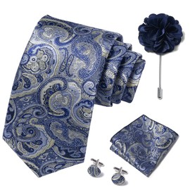Ties Set Men Mixed Color Necktie Handkerchief Cufflinks Brooch 3.15 Formal (Sliver Blue Paisley)