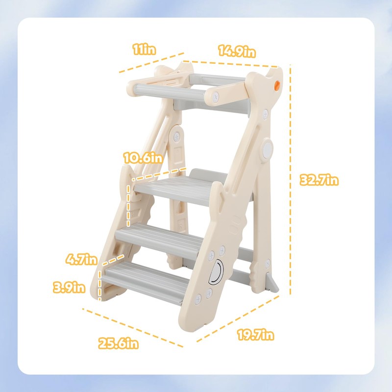 Dollate Foldable Adjustable Toddler Step Stool with Safety Rail, Anti-Slip