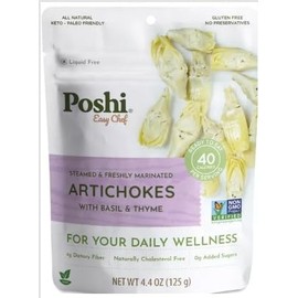 POSHI Marinated Artichoke Hearts | with Basil + Thyme | All Natural, Keto, Vegan, Paleo, Non GMO, Low Carb + Calorie, Gluten Free, Ready to Eat, Fully Cooked Vegetables, Pantry Food, Gourmet, Healthy snack. 4.4 OZ