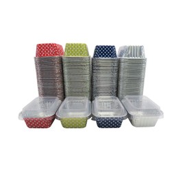 KitchenDance Disposable Aluminum Mini Loaf Pans - 6 Ounces Rectangular Individual Sized Loaf Pans, Aluminum Foil Baking Pans perfect for Cakes, Cobblers - #4004, (Blue Polka Dot- With Lids, 50)