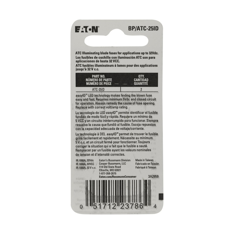 Bussmann BP/ATC-25ID easyID Illuminating Blade Fuse, (Pack of 2)