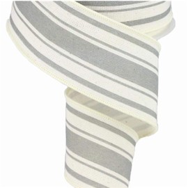 Farmhouse Stripe on Cotton Wired Edge Ribbon - 2.5 Inches x 10 Yards (Ivory, Cool Grey)