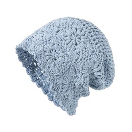 VPbao Handmade Crochet Slouchy Beanie Hat Lightweight Knit Cotton Floral Summer Skull Cap Stretchy Cutout Boho Hats for Girls Women Vintage Winter Soft Comfortable Baggy Chemo Hat SkyBlue