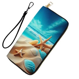 DHEEBFWE RFID Blocking Wristlet Wallet for Women & Teen Girls-Large Capacity Leather Phone Clutch with Removable Strap,Travel Purse & Credit Card Holder,Beach Shell Starfish