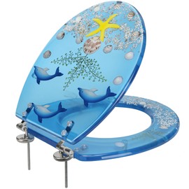 Polyresin Ocean Life Dolphins Toilet Seat By PREMIUS, Standard Round, 17 Inches, Clear-Blue, Ocean Theme with Unique Dolphins & Real Sea Shells Design, Comfortable & Stylish, Stainless Steel Hinges