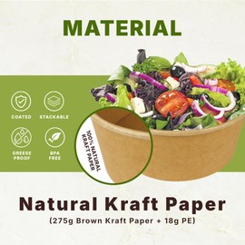 Klex 30 Oz 300 Pcs Kraft Paper Bowls, Disposable Salad Take-Out Containers
