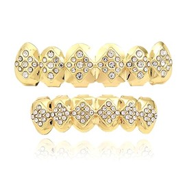 18k Gold Hip Hop Rhinestone Teeth Grillz for Men Women Punk Style Rapper Teeth Grillz 6 Teeth Caps Top Bottom Set Sparkling Cubic Zirconia Teeth Grilz Christmas Birthday Party Costume Jewelry (Gold)