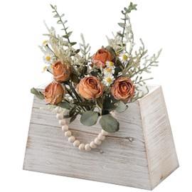 SOFE Rustic White Wood Handbag Planter, Planter Box with Beaded Rope, Decorative Indoor Flower Pot for Fake Flowers, Farmhouse Wood Vases for Living Room Table Decor