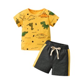 Derouetkia Baby Boy Clothes Short Sleeve Dinosaur Animal Print Tops + Shorts Toddler Outfit Sets, yellow