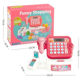 Children's cash register toy with calculator function, scanner, toy grocery shopping basket, cash register children role play
