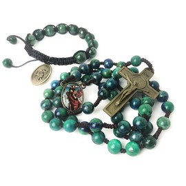 St. Christopher Azurite 8mm Stone Cord Rosary with 10mm Bracelet Set - Catholic Gift