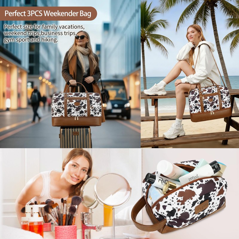 3PCS Weekender Bags for Women Large Overnight Bag, Brown Cow