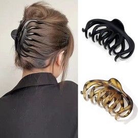 Fuyunohi Hair Clip, Large Hair Clip, Tightly Curled, Hair Clip, Korean, Fashion, Set of 2, Simplified, Elegant, Women's Fashion, Accessories, Tortoise Shell, Black, Brown