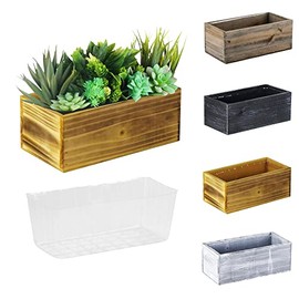 CYS EXCEL Small Natural Light Brown Wood Rectangle Planter with Removable Plastic Liner (H:4" Open:10"x5") Country Rustic Indoor Decorative Box for Flower Succulent