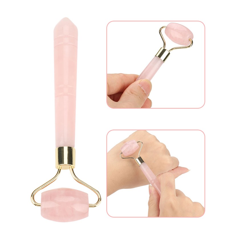 Natural Rose Quartz Welding Gold Metal Roller Massager Jade Beauty